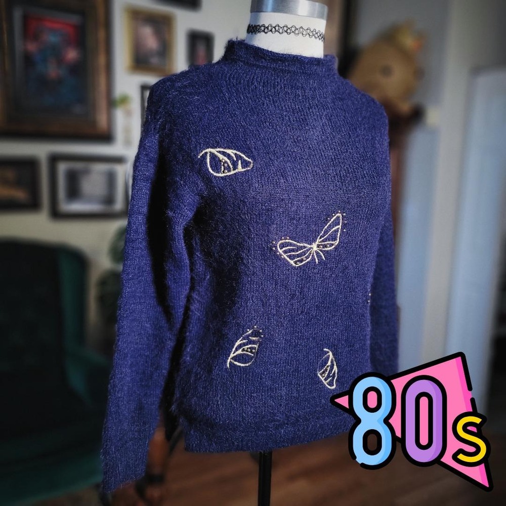 Alsoladies Butterfly Sweater Vintage‎ 80s Navy Blue Fuzzy Knit Embroidered Small